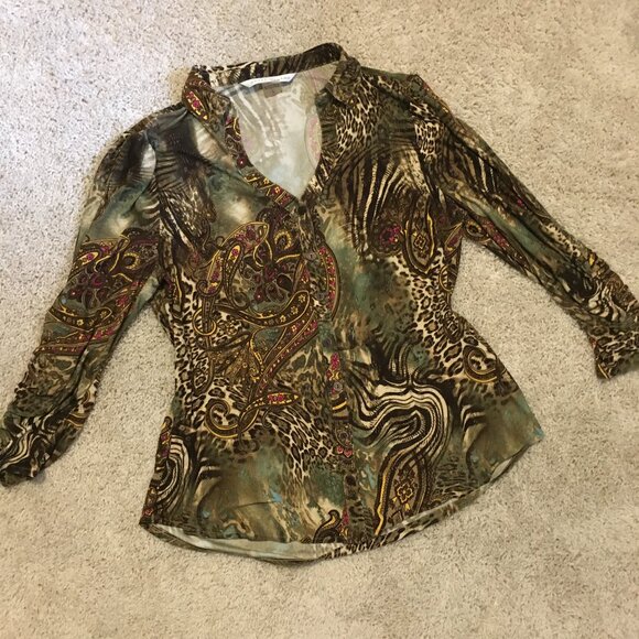 Vintage Y2K Animal Paisley Print Ruched Sleeve Button Up Top - Picture 11 of 16